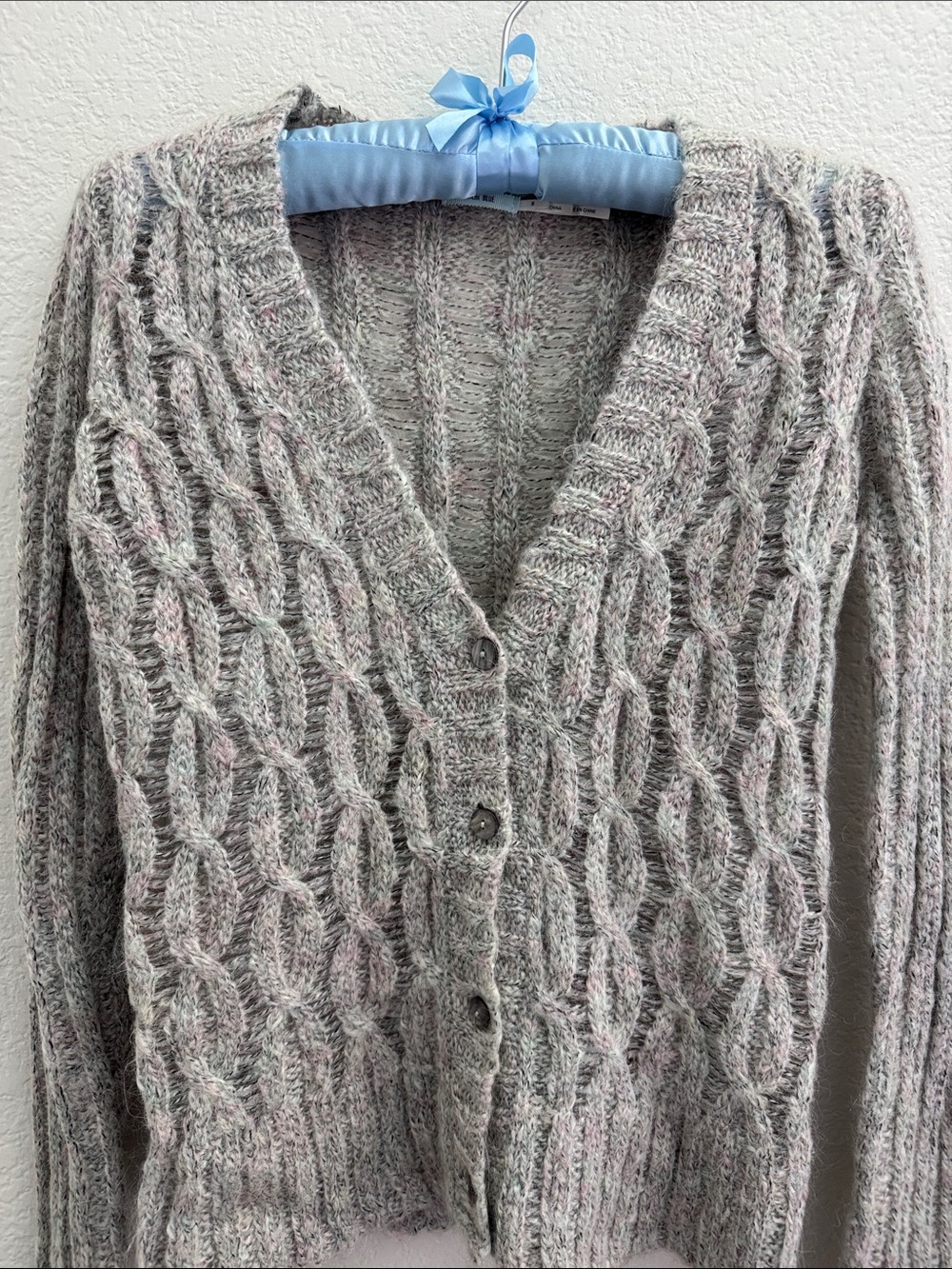 Textured Cable-Knit Button-Up Cardigan - Light Gray w Tones of Color